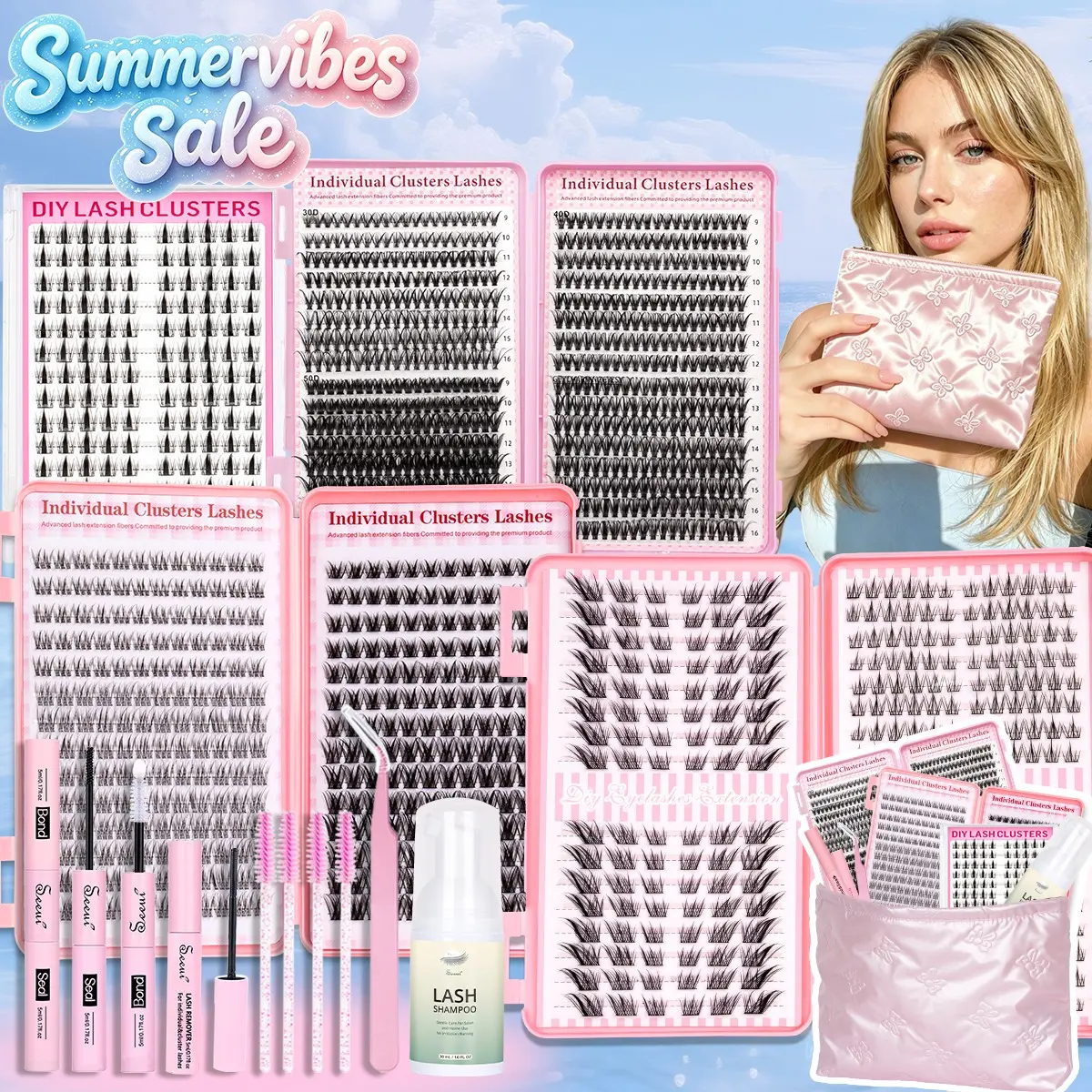 4 Box Lashes 8 Styles DIY Lash Clusters Set, Manga/Cat Eye/30D/40D/50D , 8-16mm, Natural Look, D/C Curl, Individual False Eyelash, Synthetic, Soft & Lightweight, Long-Lasting Glam for Beginners, Bond&Seal, Remover, Tweezers, Lash Shampoo, Brushes