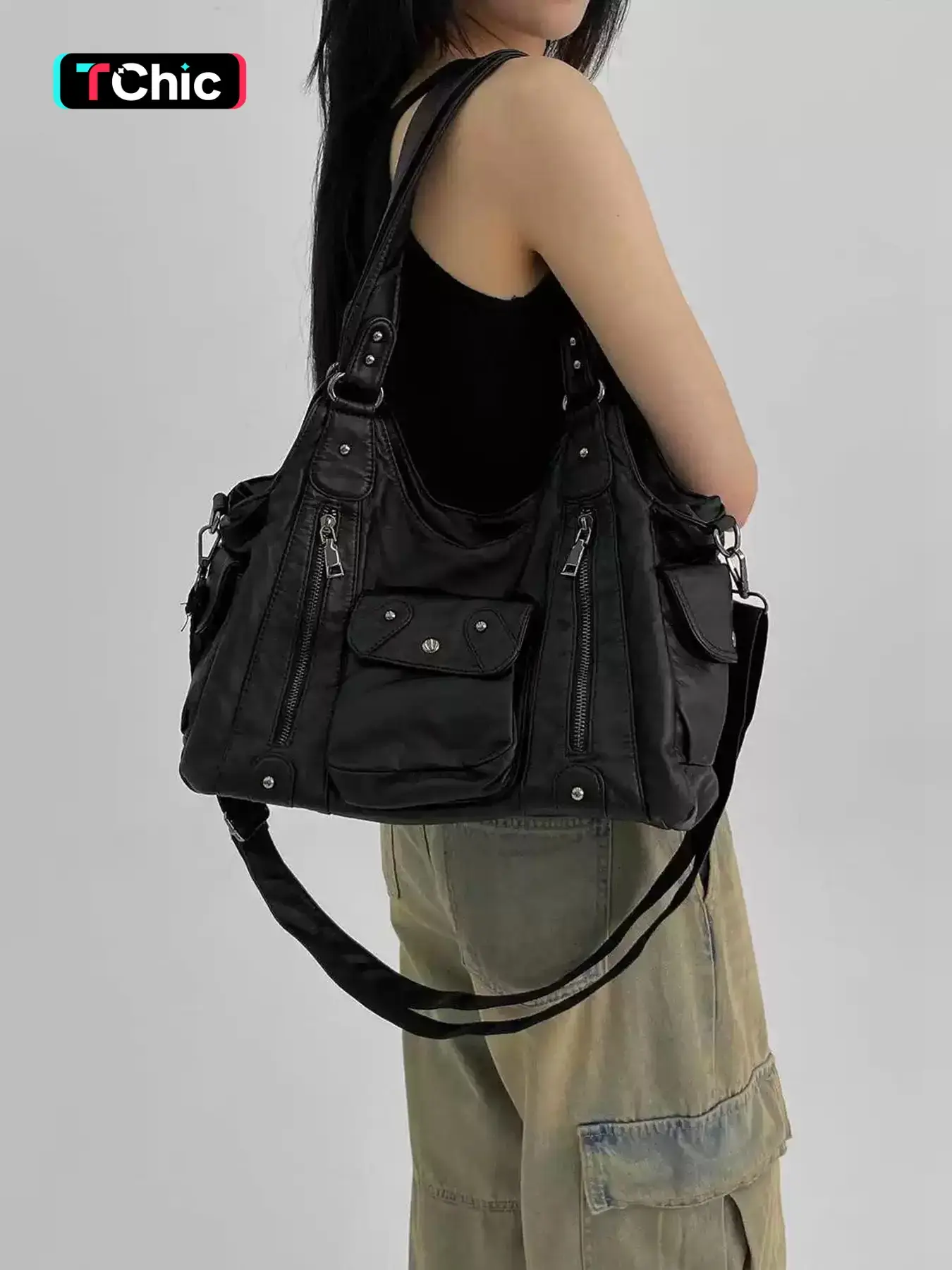 Street style simple casual and fashionable single shoulder bag with multiple zipper pockets and rivet decoration design, large capacity versatile personalized crossbody bag, suitable for outdoor commuting and daily shopping, Daily Commuter Bag