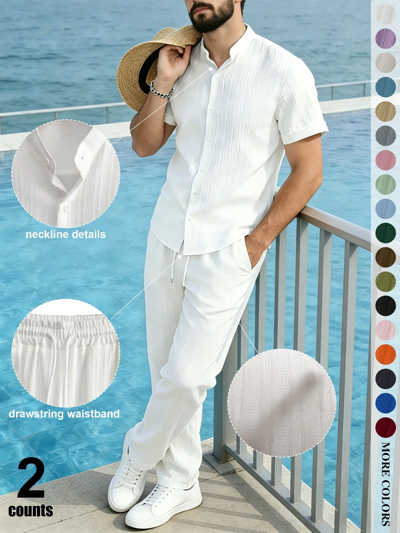 Men's Summer Casual Seaside Vacation & Coastal Outing Set – Lightweight, Vertical-Pleated Texture, Suitable for Work, Outdoors, and City Wear, Slim-Fit, Trendy, Street-Style, Relaxed, Youthful, Minimalist, Plain, Natural, Versatile, Effortless
