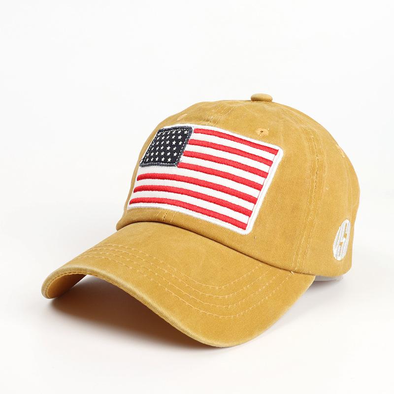Baseball cap with American flag, pure cotton, letter embroidery, washed and distressed, curved brim, trendy new product