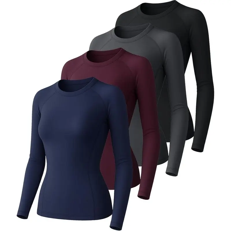 Women’s 4-Pack Long-Sleeve Compression Shirts, Quick-Dry Breathable Athletic Underscrub Tops, Stretch Long-Sleeve Sports T-Shirts, Workout Base Layers for Gym, Running, Long-Sleeve Sports T-Shirt