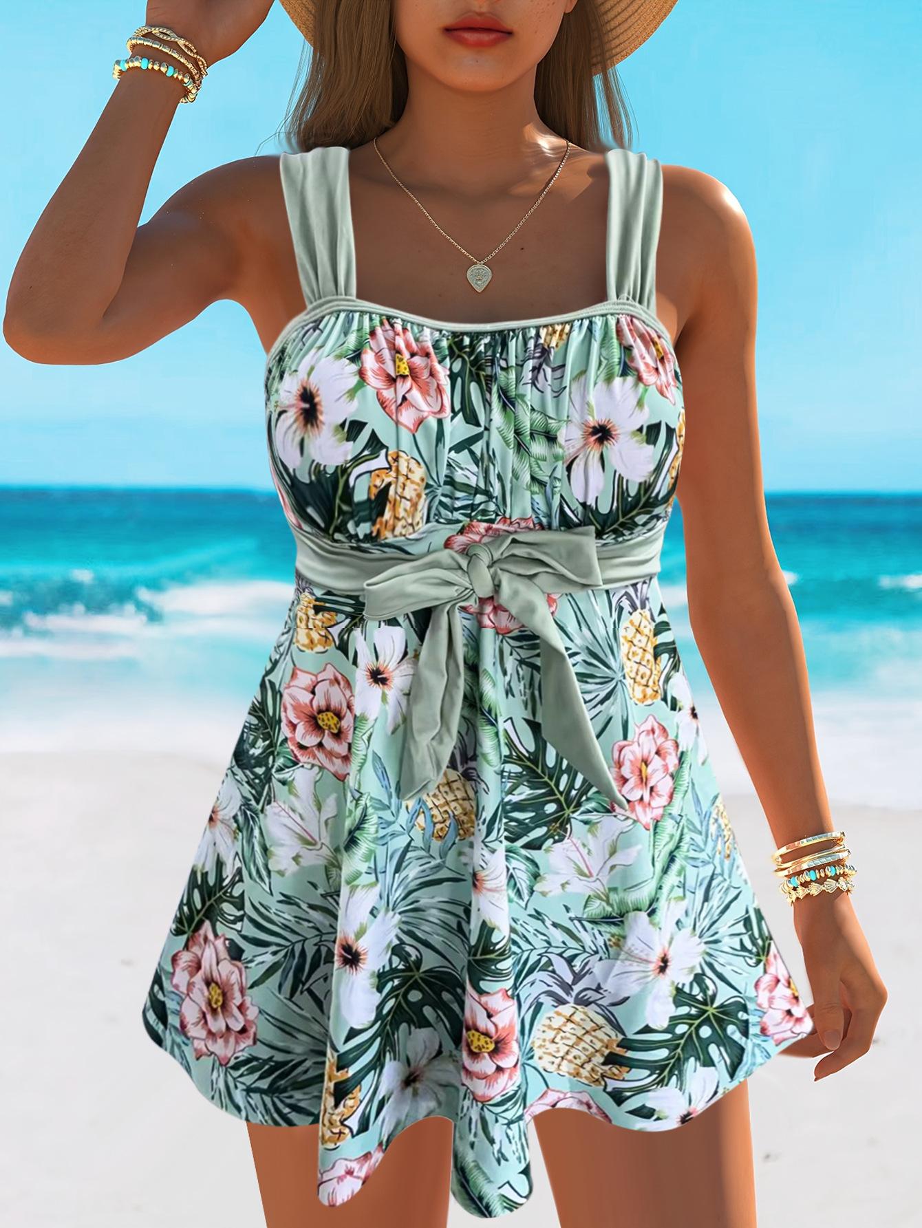 Women's Paisley Print Swimdress - Ruched Front Tankini Set with Polka Dot Straps for Modest Beach & Vacation (Multiple Colors)