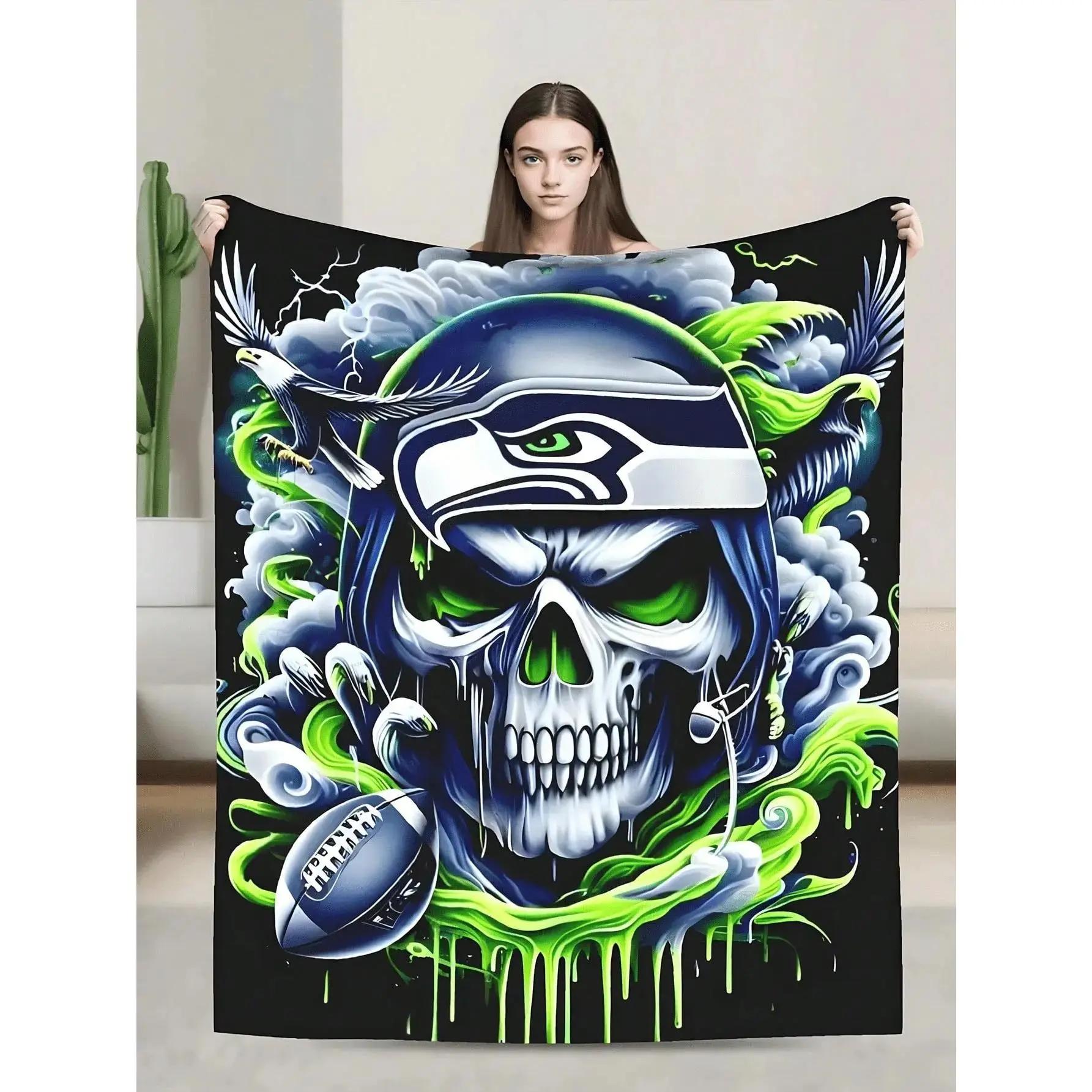 Seahawks skull design soft flannel blanket - Comfortable and warm for sofa, bed, office and travel, a gift for football fans with vibrant green and blue artwork