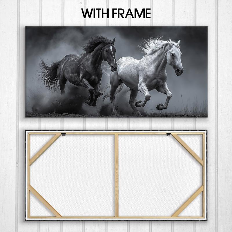 2D Flat Single Piece Wooden Frame Canvas Painting, Depicting a Black and White Horse Running in the Dust.This Exquisite Poster Can Be Used as Home Decoration and Wall Art, Suitable for Living Room, Bedroom, Office, Dining Room