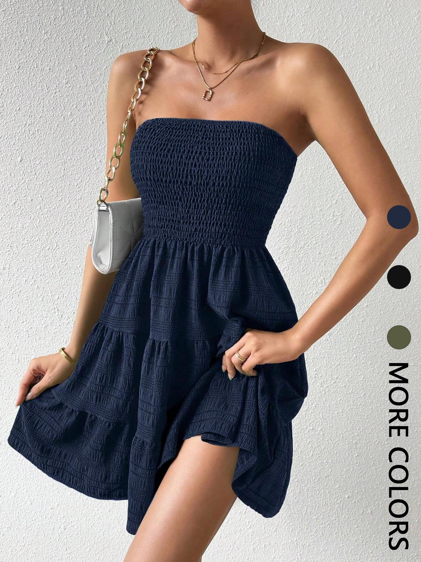 Women's Solid Shirred Frill Ruffle Hem Tube Dress, Fashion Casual Sleeveless Strapless A Line Dress for Daily Outdoor Wear, Women Dress for Summer, Summer Dresses, Womenswear, Lady Formal Elegant Dress