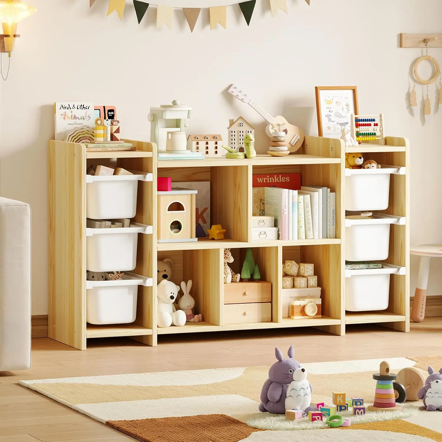 Pipleo Kids Bookshelf and Toy Storage Organizer with 8 Shelves and 6 Removable Bins, 100% Solid Pine Wood Montessori Toy Organizers and Storage, Kids Bookcase for Kids Rooms, Playroom, Nursery