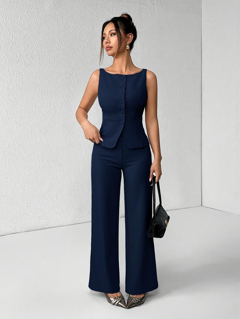 Women's Solid Button Front Tank Top & Wide Leg Pants Set, Casual Fashion Two-piece Set for Summer, Women's Clothing for Daily Wear, Suits, Office Siren Outfits