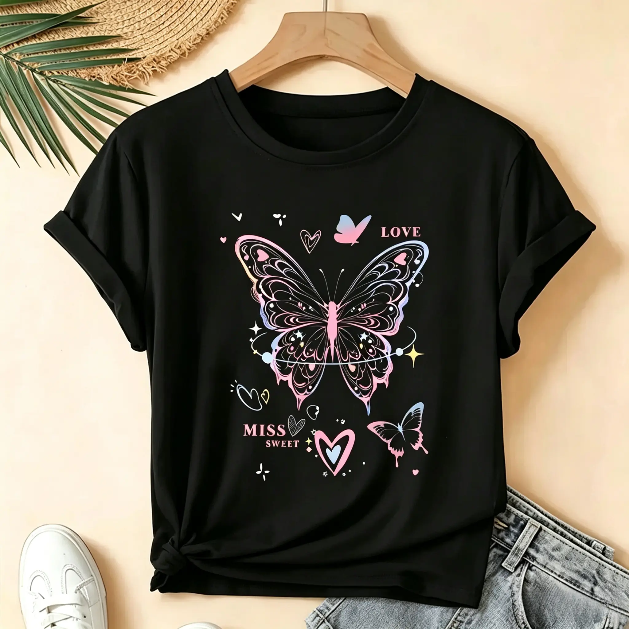 Rainbow Gradient Heart Colorful Butterflies Women Graphic T-Shirt, high-definition premium print trendy shirt, soft casual daily wear, versatile multi-scene weekend top, affordable lovely small surprise gift for romantic nature lovers and gentle feminine