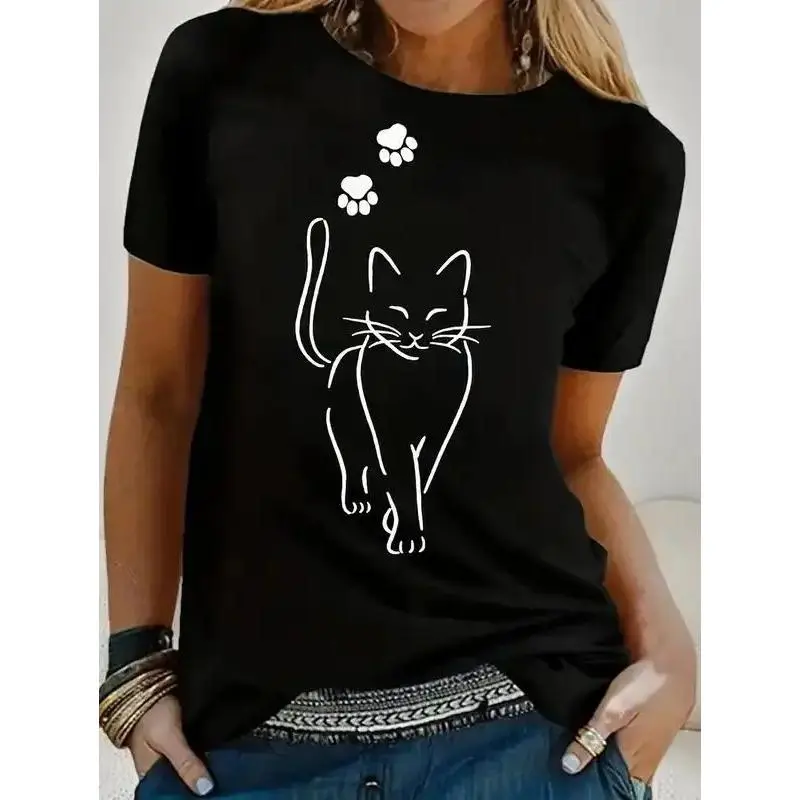 Women's Round Neck Short Sleeve Whimsical Cat Print Graphic T-Shirt - Machine Washable Casual Summer Kawaii Tops (Sizes: S,2XL,3XL)