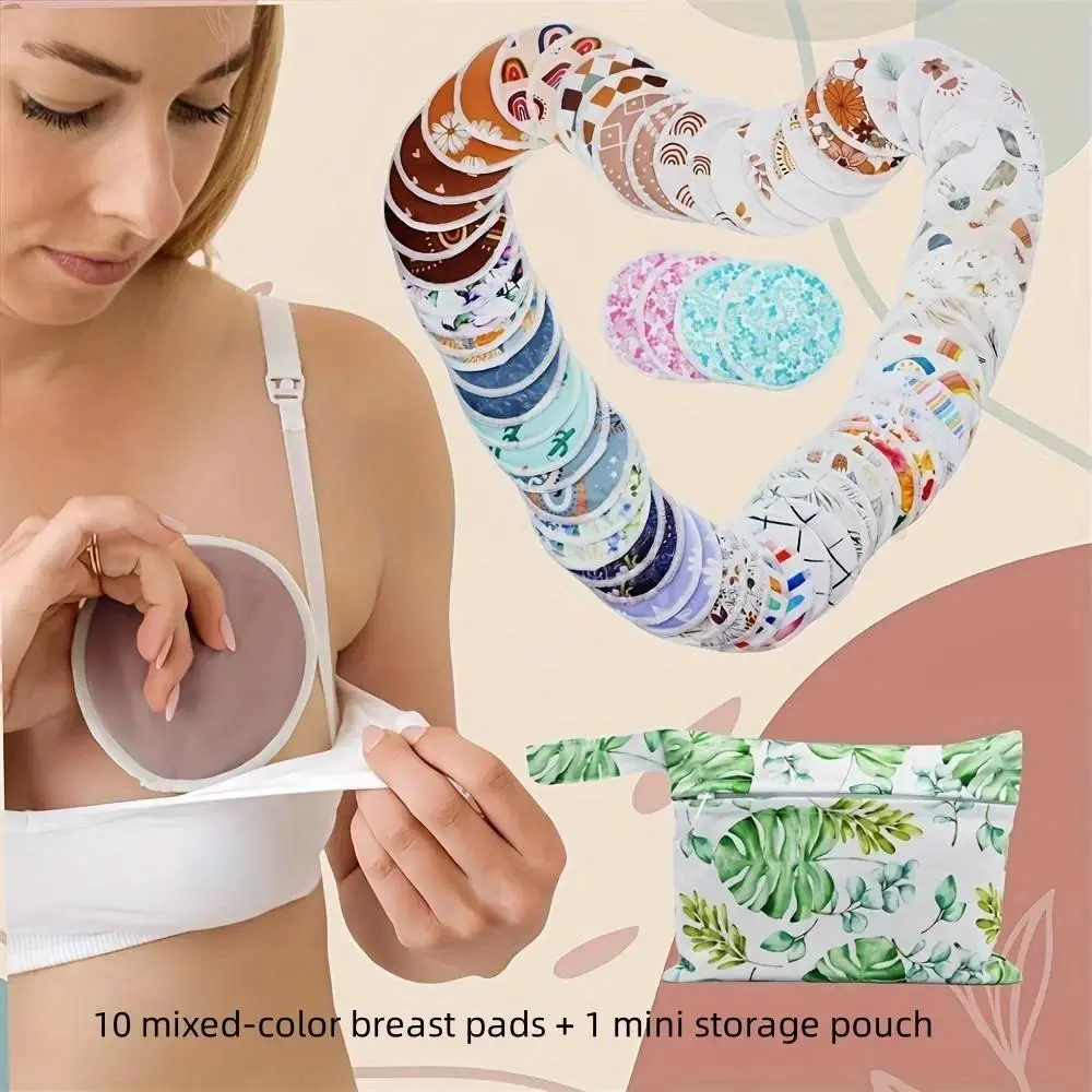 10 Pack Washable Nursing Pads for Women, Reusable & Eco-Friendly Fabric Stay Dry Pads with Secure Fit and Storage Bag