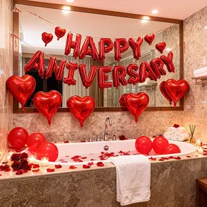 Happy Anniversary Balloon Set, Including 16 Inch" HAPPY ANNIVERSARY" Letter Balloons, Red Heart Shaped Balloons, and a Ribbon Perfect for Anniversary Celebrations, Valentine' S Day, Birthdays, and Weddings