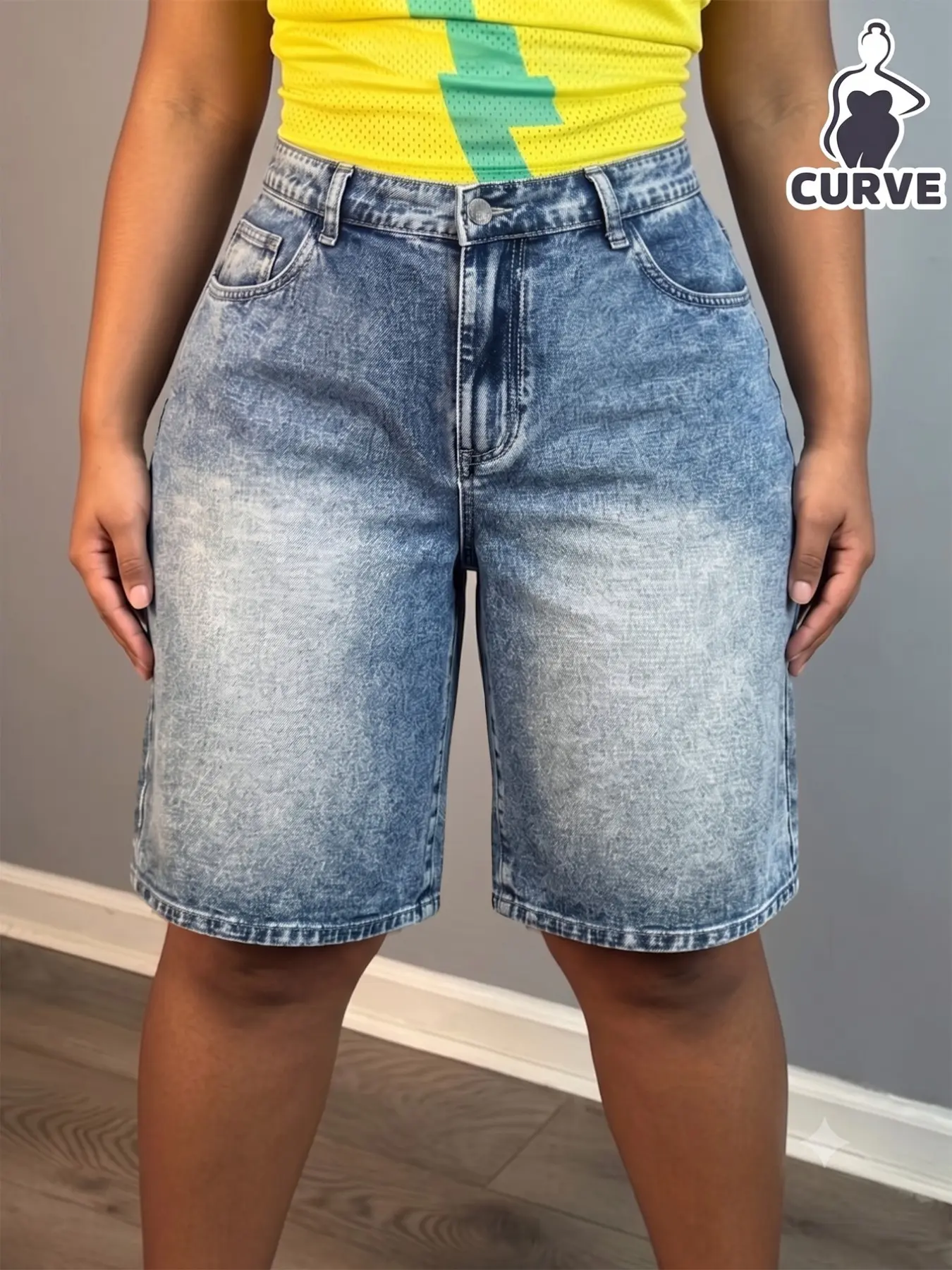 Plus Size Dual Waist Elastic Back Acid Wash Bermuda Denim Jorts, Curvy High Waist Loose 90s Skater Knee-Length Jean Shorts