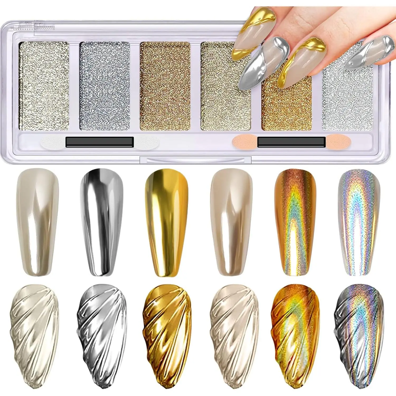 Gold Silver Chrome Nail Powder, Holographic Unicorn Iridescent Chrome Powder for Nails, 6 Colors Metallic Mirror Effect Champagne Chrome Nail Art Powder Pigment Glitter with Applicators for Nail Art