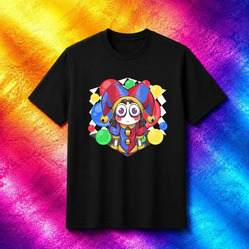 Women's The Digital Circus Pomni Graphic T-Shirt - Aesthetic Baggy Classic Breathable Cotton Casual Unisex Short-Sleeve Top with Abstract Jester Character Print, Streetwear, Menswear, Ripped