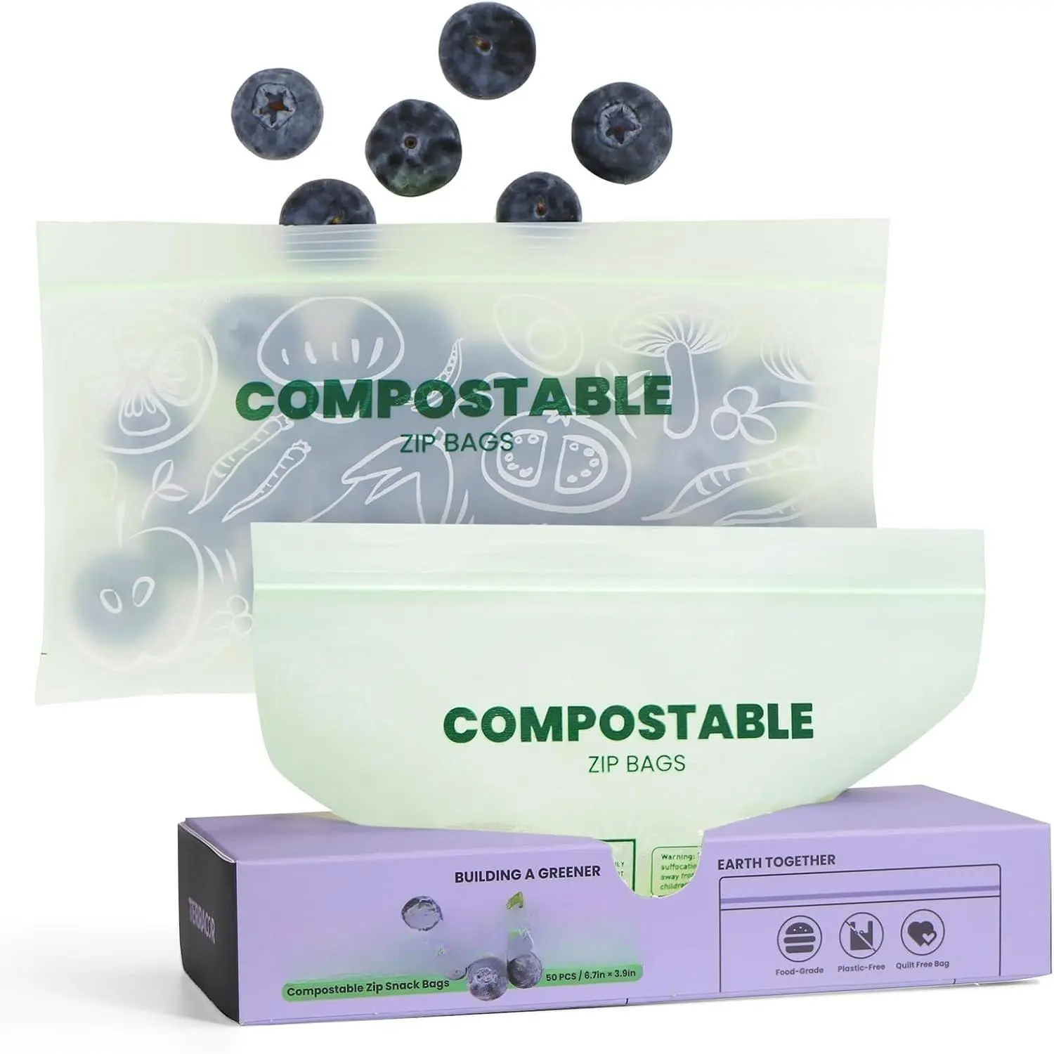 Compostable Snack Size  Storage Bags (50 Eco Zip) Freezer and Leak Proof, Also  Gallon, Quart and Sandwich Size Bags