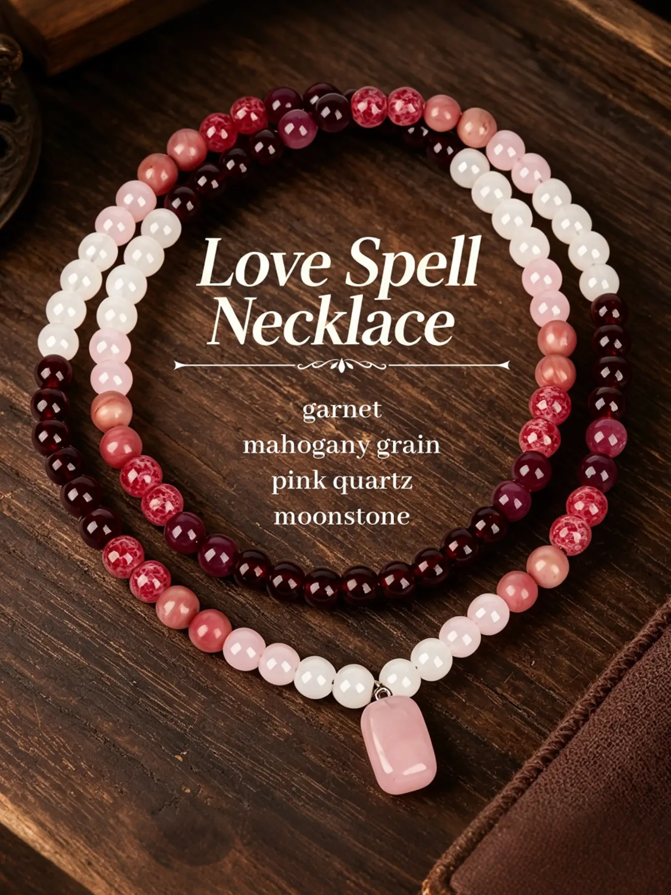 "Lovespell Magic" Genuine Strawberry Quartz & Garnet Long Necklace - Crystal Pendant for Attracting True Love, Passion, Emotional Balance & Heart Chakra Healing