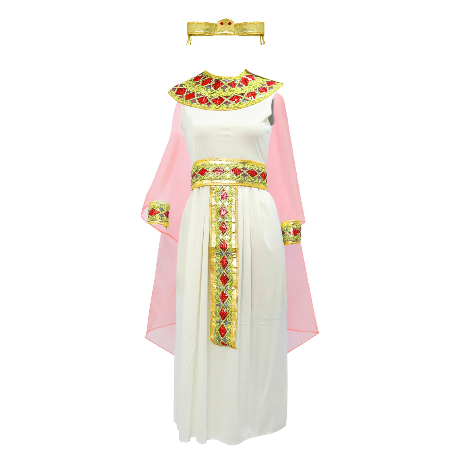 Kids' Egyptian Queen Cleopatra Party Costumes - White Dress with Pink Cape, Golden Arm Cuffs And Sequin Collar, Elegant Halloween Costumes, Cosplay Carnival Costumes for Themed Parties And Holiday Gatherings, Book Week Costume