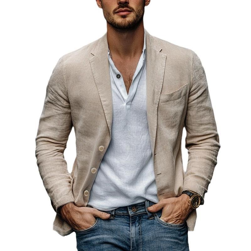 Men's Blazer Jacket Cotton Linen Sports Coats Regular Fit Two Buttons Herringbone Suit Jackets Formal Long Sleeve