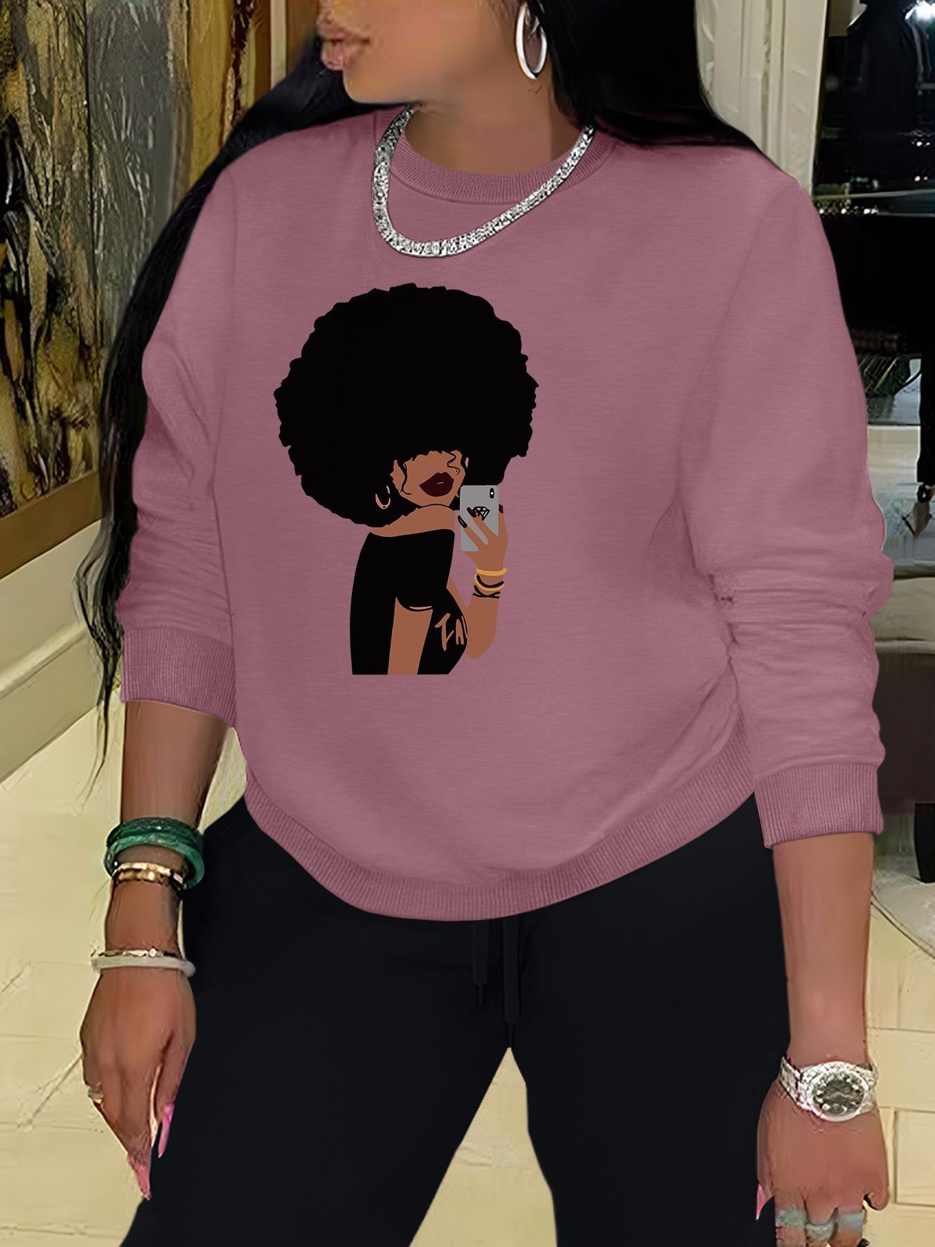 Women's Letter & Afro Girl Print Crew Neck Sweatshirt, Casual Long Sleeve Pullover for Fall & Winter, Women's  Clothes for Daily Wear