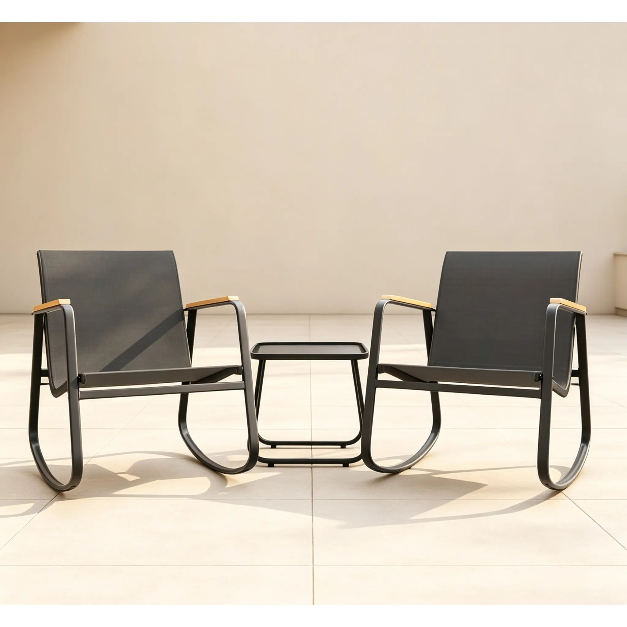 Three-piece rocking chair leisure table and chair set, patio furniture combination, porch rocking chairs matched with coffee tables suitable for lawns, gardens, balconies and poolside areas