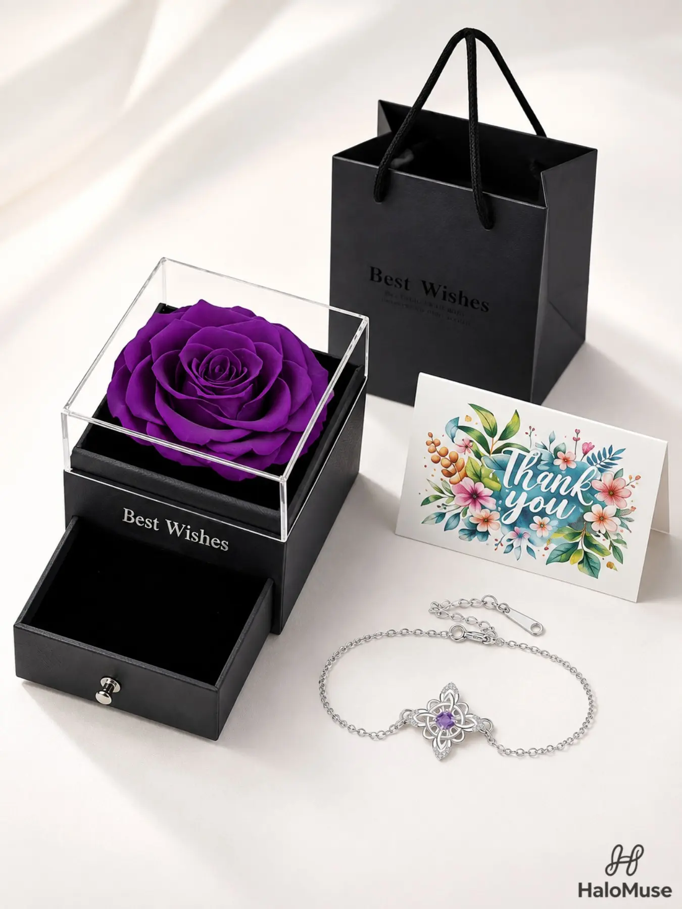 Halo Muse 1 Set Celtic Knot Purple Diamond Bracelet Gift Set, Elegant Silver-Tone Adjustable Bracelet with Rose Gift Box & Card, Gift for Women, Girlfriend, Wife, Birthday, Anniversary, Christmas