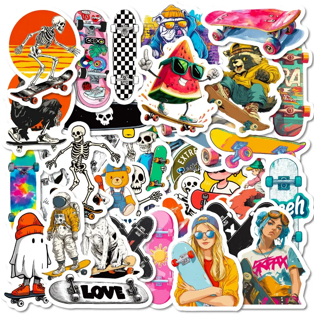 56Pcs Skateboard Graffiti Aesthetic Stickers, Creative Cartoon Sports Waterproof Travel Friendly Decals, DIY Decor for Skateboard Luggage Water Bottle