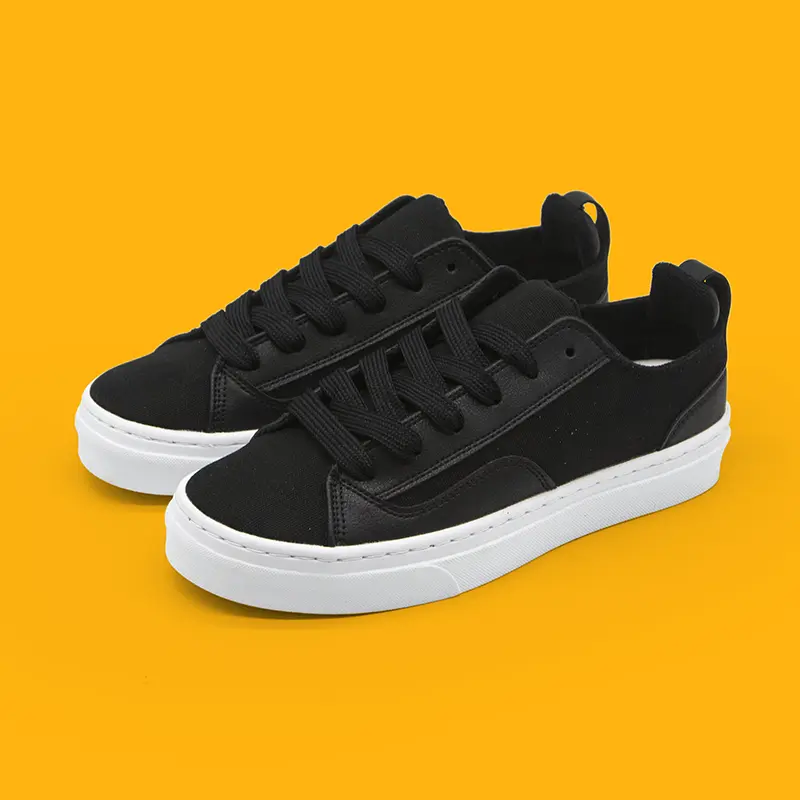 Unisex Black Canvas Faux Leather Patchwork Ankle Low Top Skate Sneakers, Preppy Laces Casual Trainers with White Platform Sole, Minimalist Street Style, Sizes 43(us men9.5/us women10.5),46(us men11/us women12)