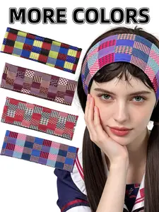 4 Pcs Patchwork Colorblock Plaid Wide Headbands, Retro Y2K Style, High Elastic Fabric, Anti-Slip, for Daily Use, School, Travel
