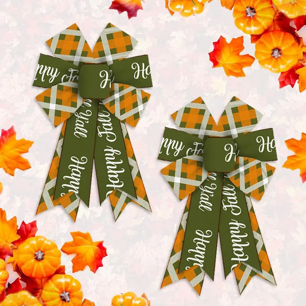 2 count Fall Wreath Bows Thanksgiving Bows Happy Fall You Words Green  Burlap Linen Bows for Wreath, Autumn Ribbon Bows for Thanksgiving Party  Indoor Outdoor Decoration Wreath Ornament Supplies