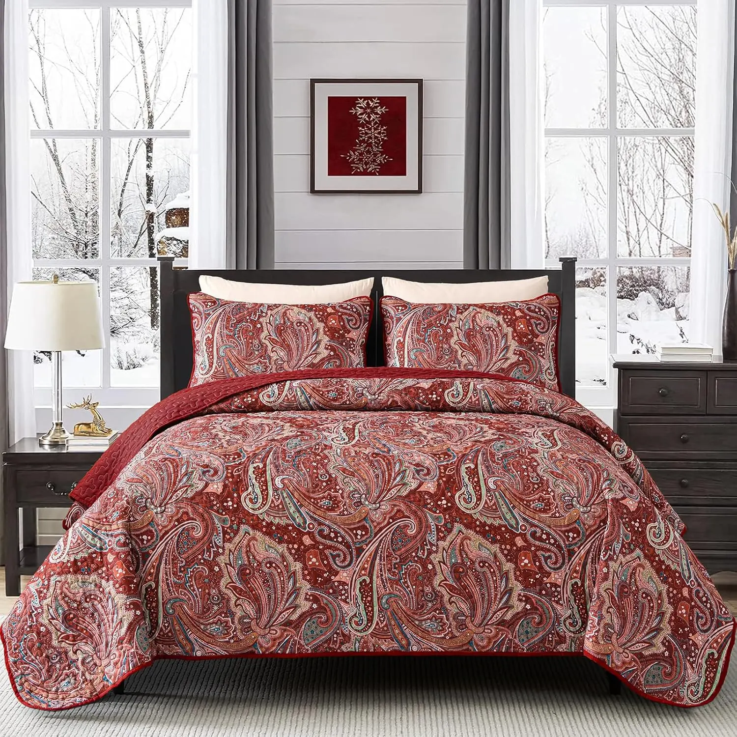 Red Paisley Set King Size Boho Bedspread Set 3 Pieces, Soft Lightweight Microfiber Coverlet Set Paisley Floral Pattern Bedding for All Season, 110''x90''