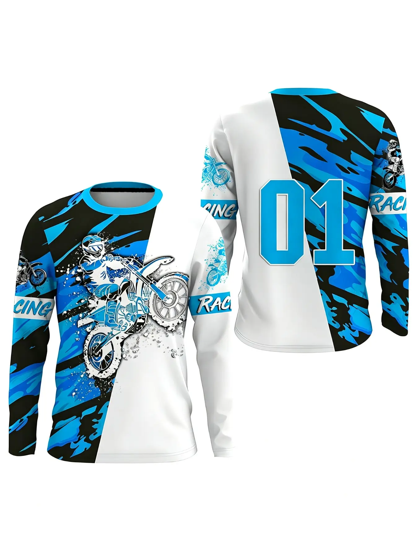 Men's Long Sleeve Graphic Tee, Breathable All Over Print Racing Motorbike Pattern Shirt, Casual Outdoor Sports Crew Neck Top For ATV Dirt Bike Enthusiasts, Fashion Color Block Long Sleeve Jersey, Casual Sports Tops.