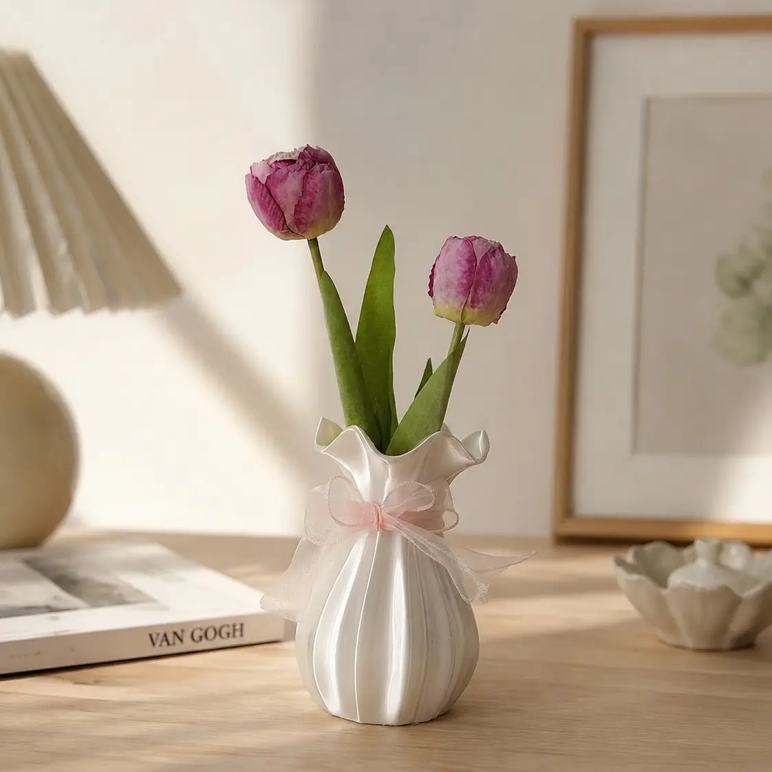 Pearl Texture Pleated Money Bag Vase, Soft Cream Style, Lace Bow Top Flower Arranger, Bedroom Desktop Decor, Girl Gift