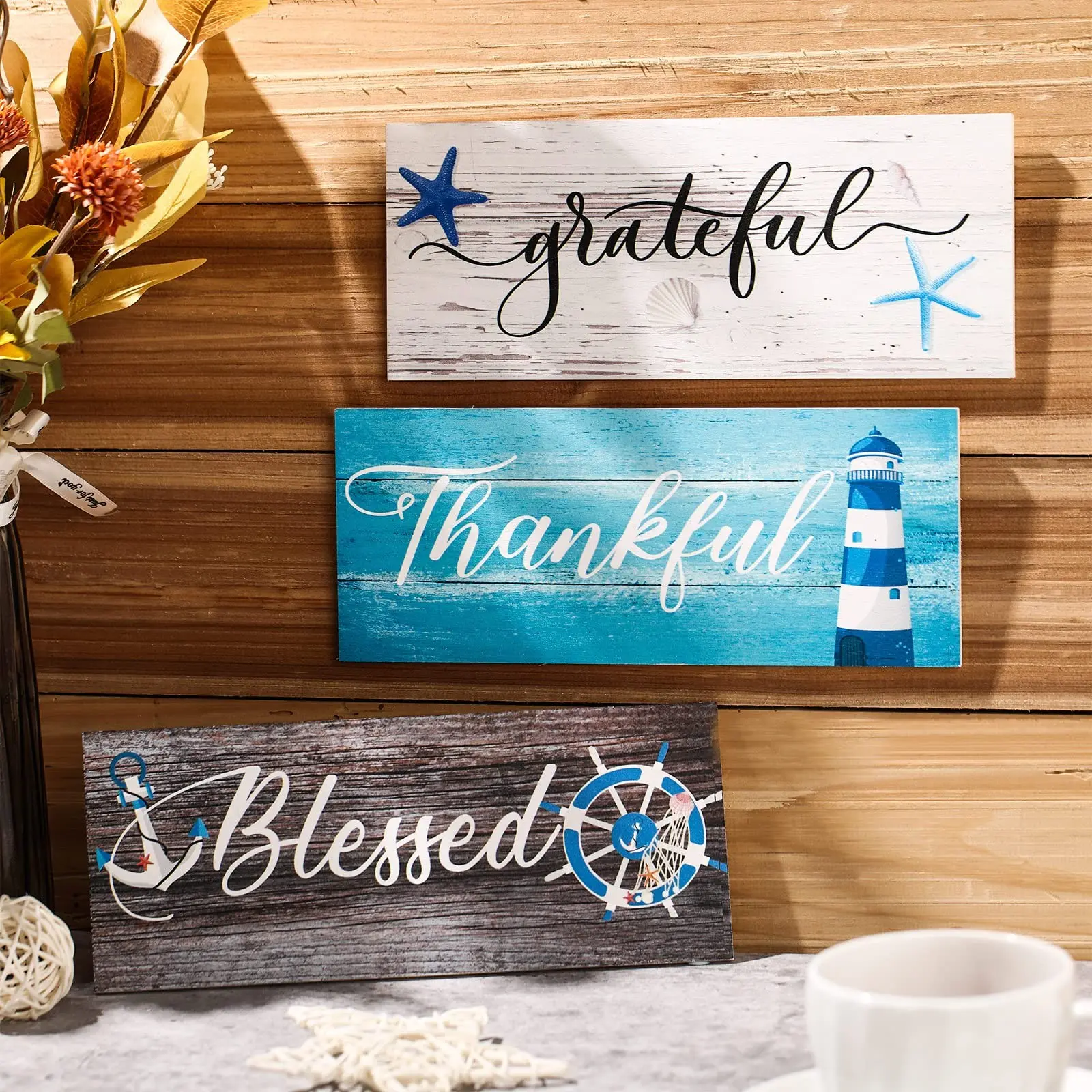 3Pcs Thankful Grateful Blessed Nautical Wooden Wall Art Sign Set, Lighthouse Starfish Anchor Ship Wheel Coastal Wood Plaques, Beach Farmhouse Kitchen Living Room Entryway Christian Ocean Themed Home Decor Gift