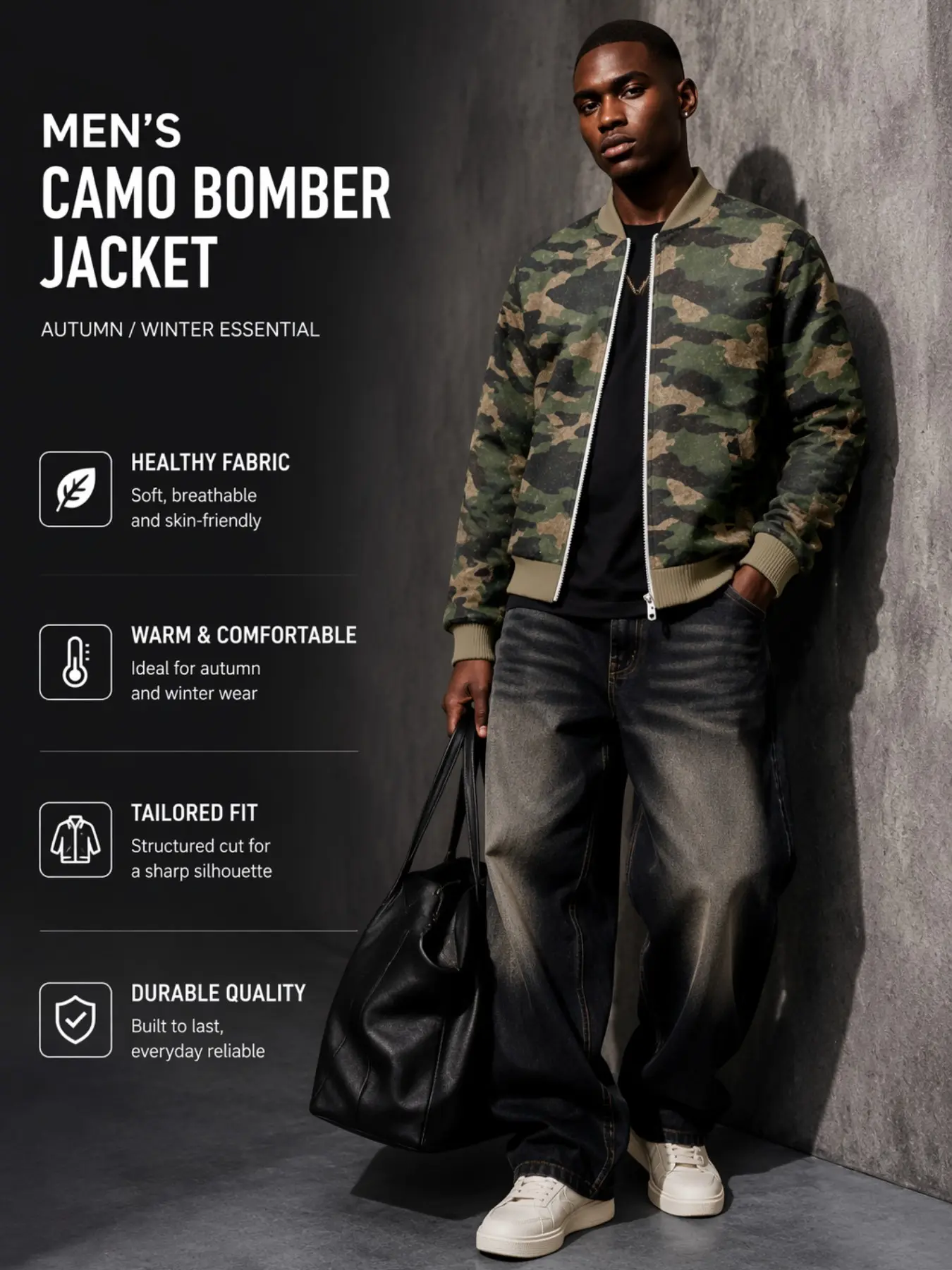 Men's Camouflage Full Zip Bomber Jacket, Vintage Military Camo Baseball Collar Windproof Jacket, Casual Tactical Streetwear Fall Winter Outerwear