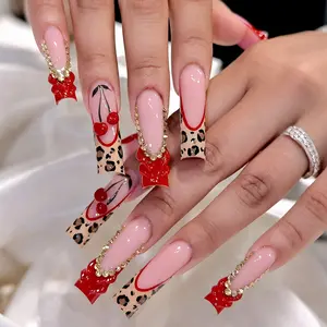 24PCSCherry Leopard Print Nail Art, Decorative Nails, Nude Edge Medium Square Nails, High-End Whiteening 3D Cherry Design, Perfect for Parties and Daily Use