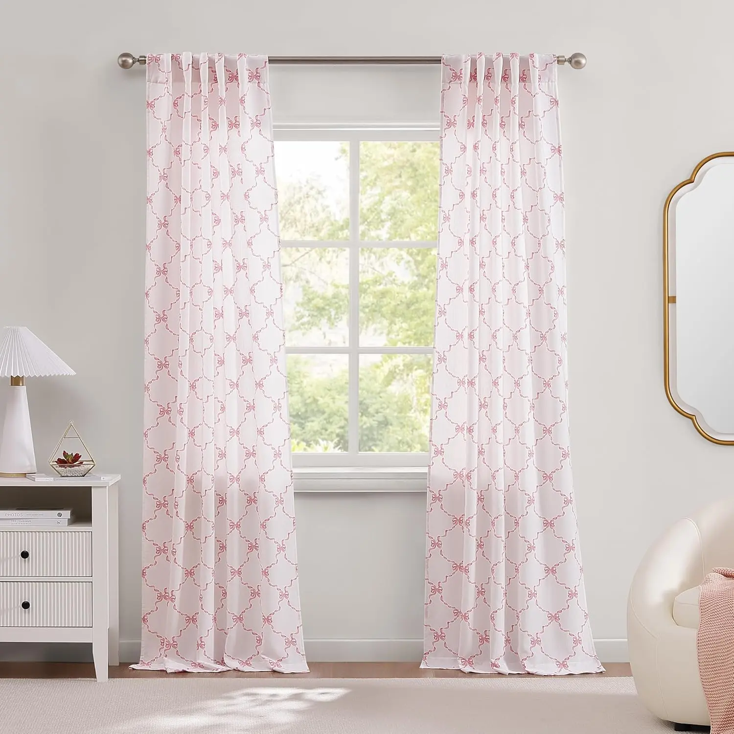 Bow Ribbon Window Curtains, 2 Panels, Each 38" W x 84" L, Pink| Light filtering easy care cotton curtains with 1.5 inch diameter rod featuring a ribbon and bow print
