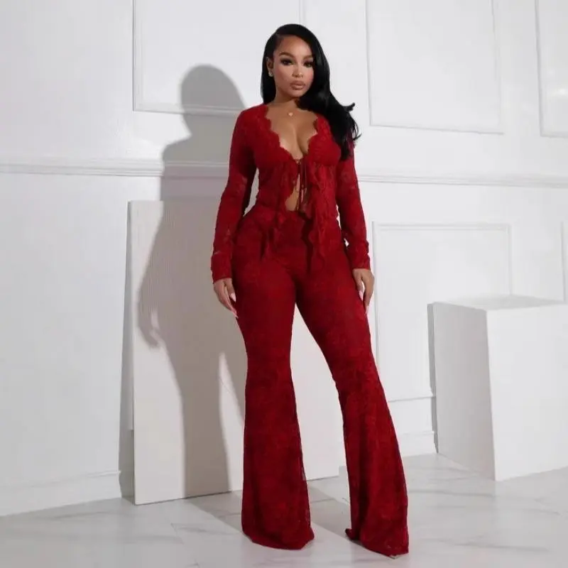 2025 Spring Summer Women's Sexy Lace-up Hollow Cardigan Long Sleeve Lace Top and Lace Pants Two-piece Set