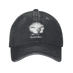 Washed Trucker Baseball Cap for Adults, Summer Funny Ibuprofen Cat Meme Print with Cringe Ugly Feline Face, Cotton, 1 Size Fits All, All Seasons Sports & Outdoor Hat (Wholesale, Tennis-Ready)