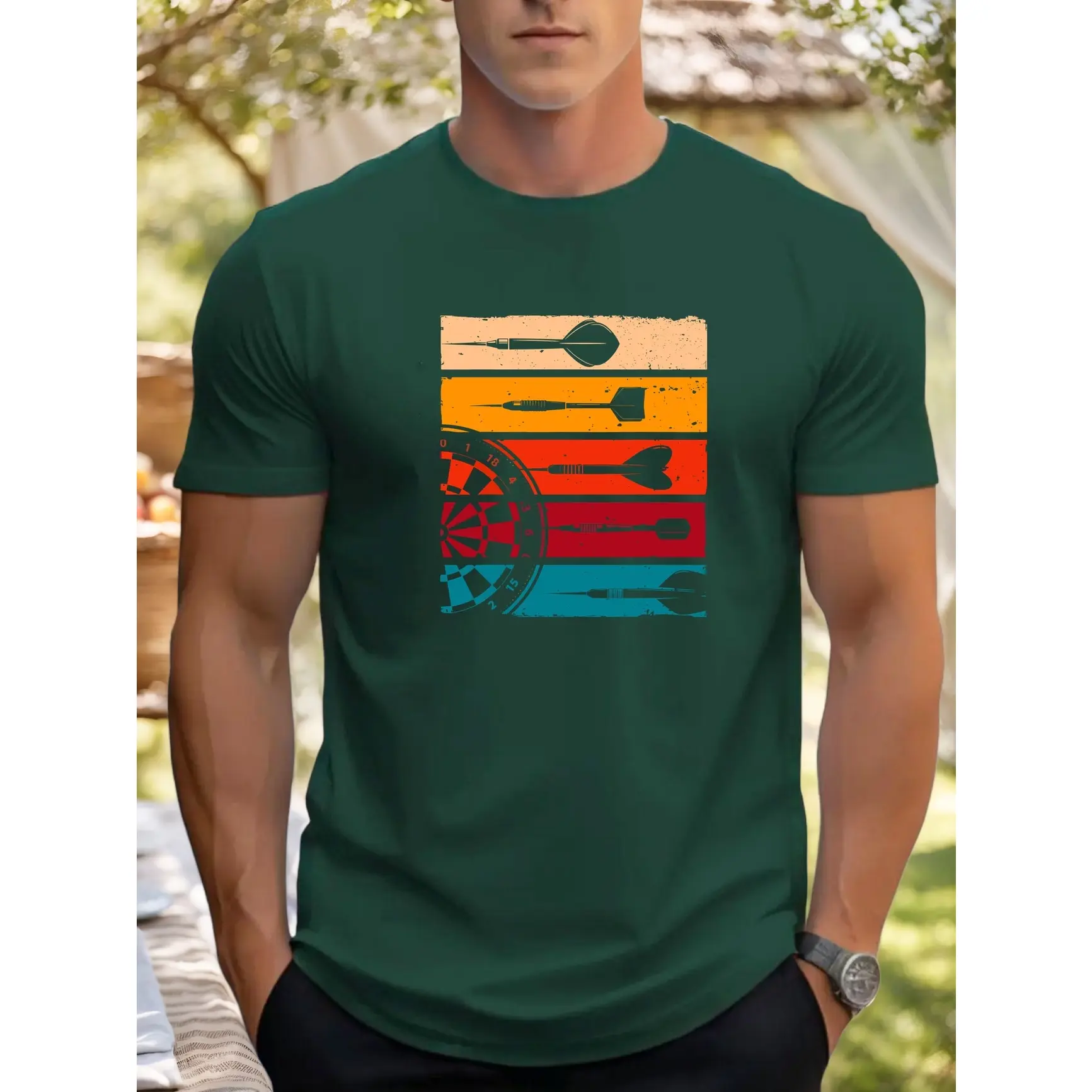 Oversized Comfort Cotton Graphic Tee, Vintage Darts Dartboard Retro Stripe Fashion Outfit, SummerVibes,Dart Game Lover Casual Shirt, Ideal Valentine Holiday Present For Him Her Darts Player Game Hobby Lovers
