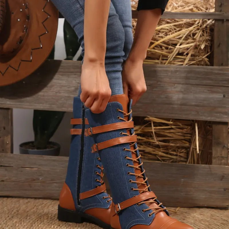 Women's Mid-Calf Motorcycle Boots with Side Zipper, Lace-Up Front and Buckle Straps, Round Toe, Chunky Lug Sole and Comfortable Durable Design for Casual Wear