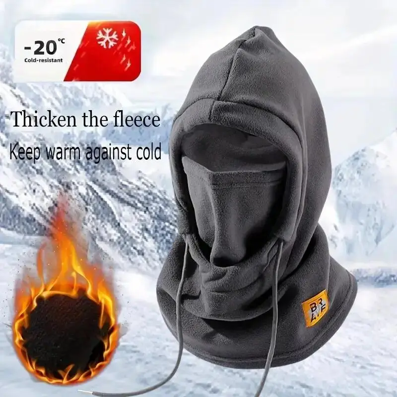 Viral thickened fleece balaclava hood adjustable drawstring integrated head face neck cover wind resistant thermal hood for skiing snowboarding cycling cold outdoor sports commuting