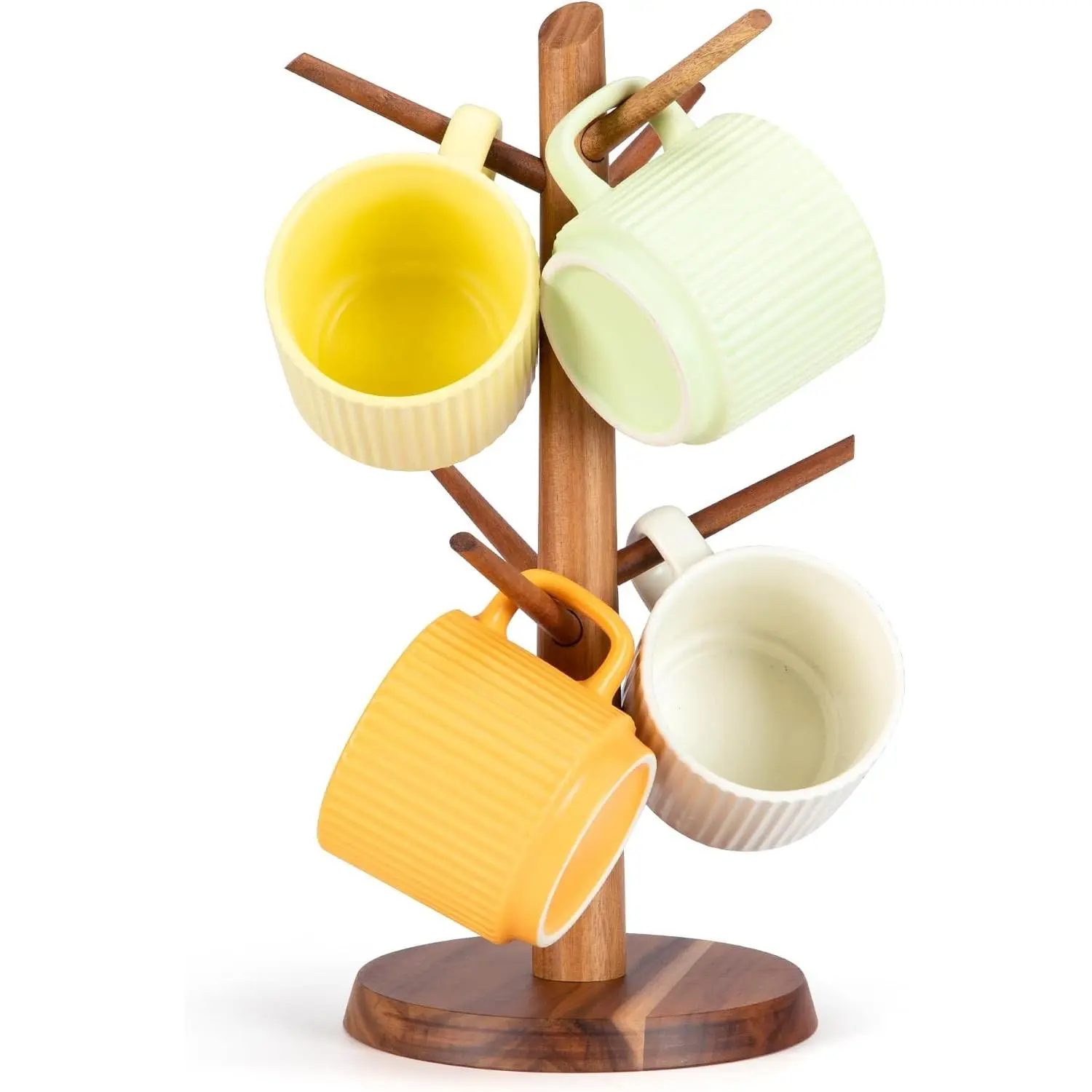Acacia Wood Coffee Mug Tree Holder Countertop with 6 Hooks | Wooden Mug Organizer for Kitchen Coffee Bar, Easy to Assemble, for Small to Medium Mugs