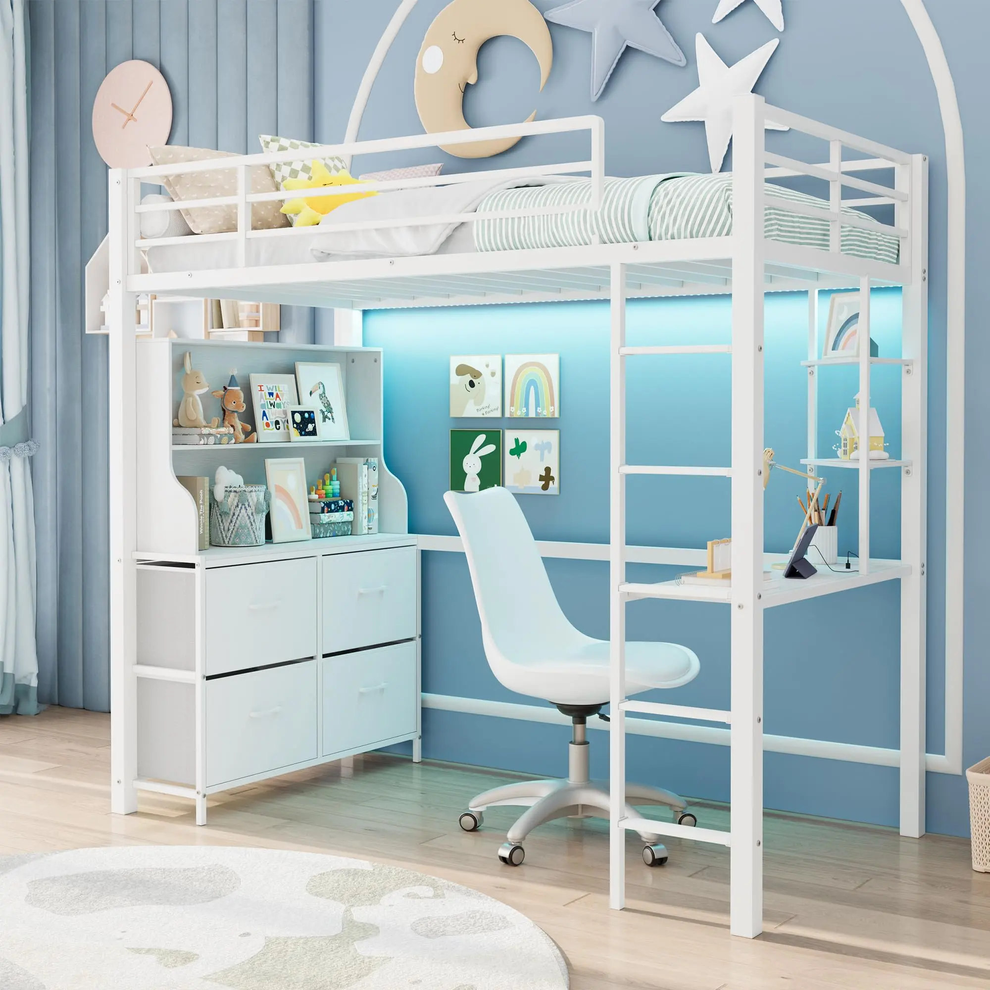 Twin Metal Loft Bed with Desk & LED Lights – 4 Drawers, 2 Shelves, Charging Station, Safety Guardrail – Space-Saving Design – Ships in 2 Boxes – Black/White