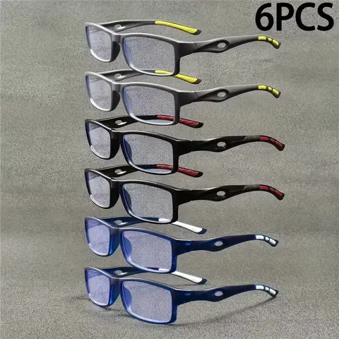 6 Pairs Sports Reading Glasses Set, //transparent Blue, Non-Slip Frame, +1.0-4.0 Diopters, Men's Home Outdoor Backup