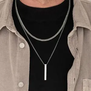 Men 3D Vertical Necklace Geometry Stainless Steel Cuban Necklace Temperament Cool Vertical Pendant Necklace