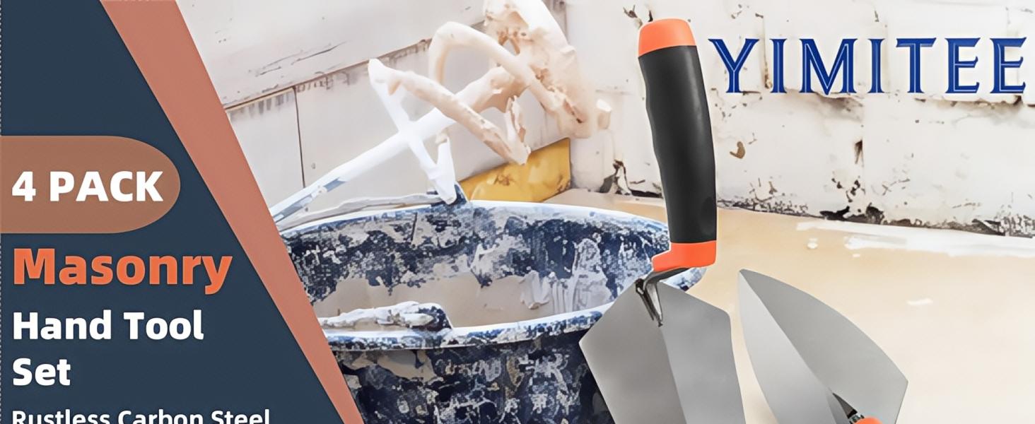 4 Pack 6" Masonry Hand Tool Set, Pointing Trowel Gauging Trowel Set with Rubber Grip, Carbon Steel Masonry Brick Trowels, Bricklaying Trowels for Concrete Cement Plaster Mortar Stucco Tile