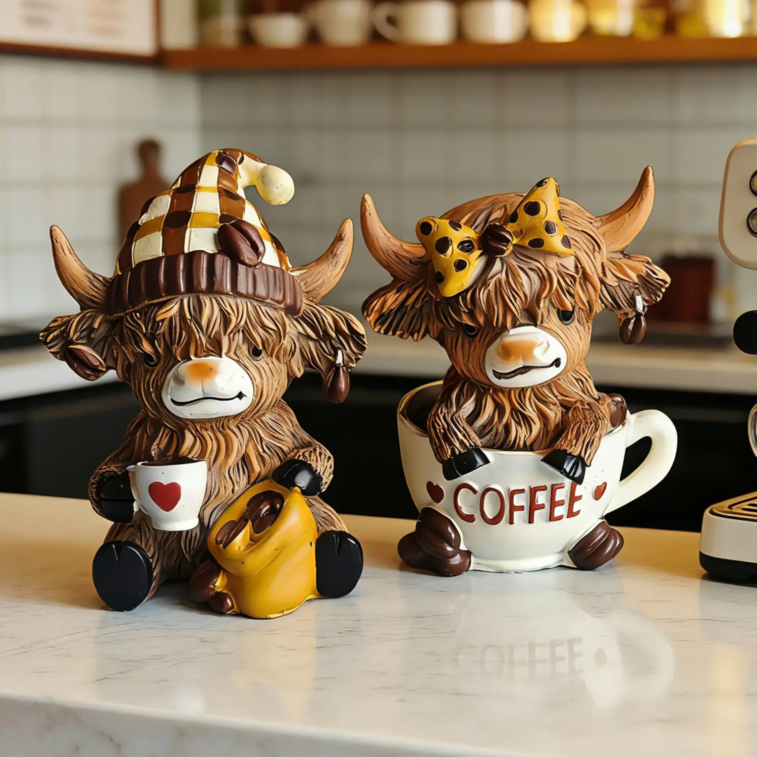 New Highland Cow Couple Resin Figurines, Cute Scottish Cattle Desk Ornament, Coffee Color Matching Decor Statue, Ideal Valentine's Day Anniversary Gift For Couple Lover Friend, Premium Resin Craft Smooth Durable, Suitable For Coffee Bar Bedroom Car Home D