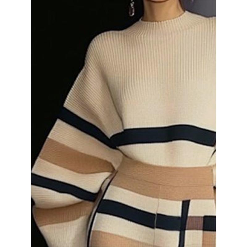 UOOZEE Loose Striped Round-Neck Pullovers Sweater Tops & Loose Wide Leg Striped Casual Pants Set Viscose Nylon Knitting Women's Clothing Suits Long Sleeve(The bottom is a bit small. It is recommended to choose one size larger)