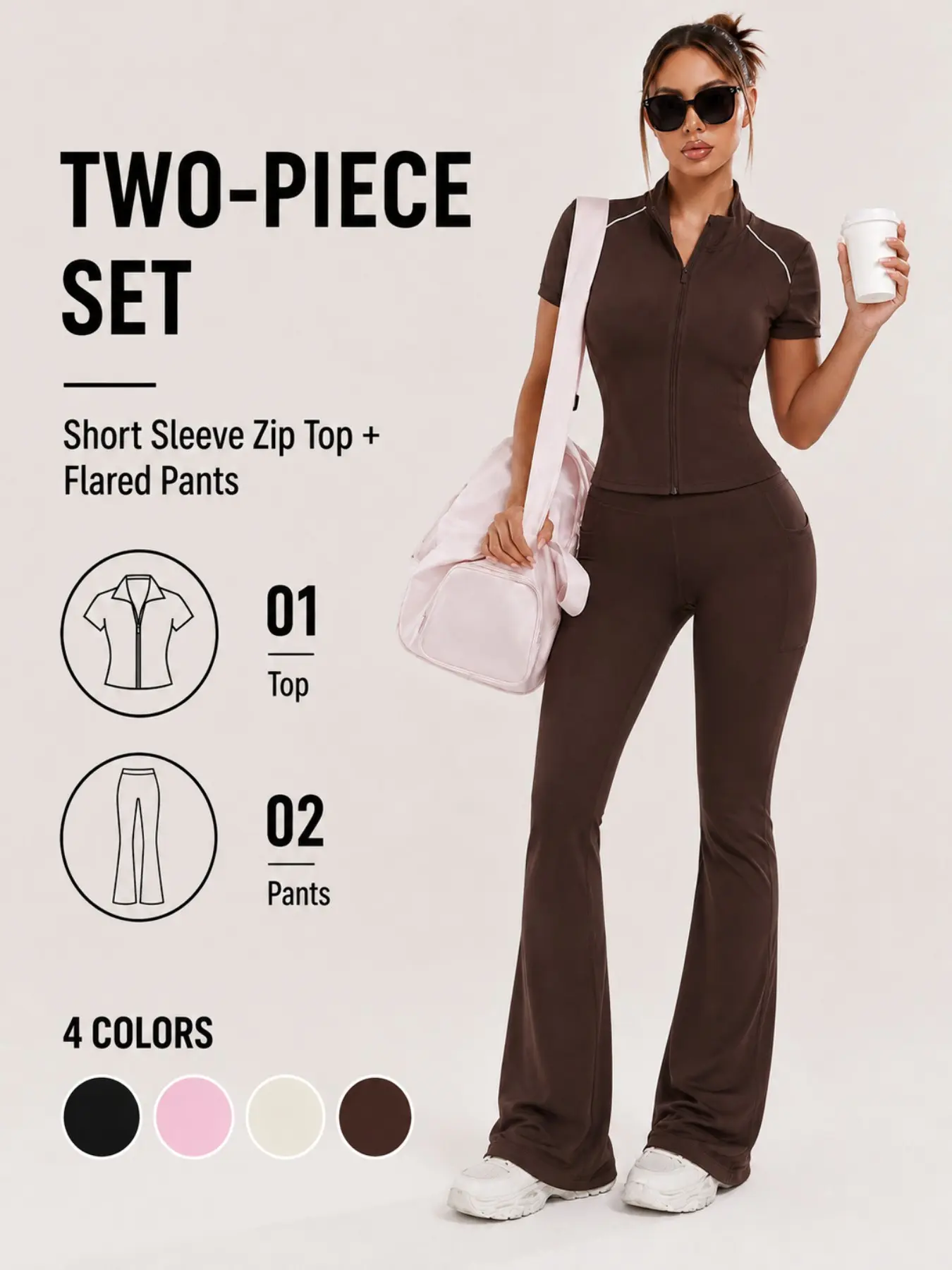 Women's Zip Short-Sleeve Sports Jacket + Slimming Flare Yoga Pants Set  Side Pockets  Running Fitness Outdoor Wear Stand-Collar Zip Suit  Breathable Casual Active wear Outdoor Gym Set Yoga Sportswear Set