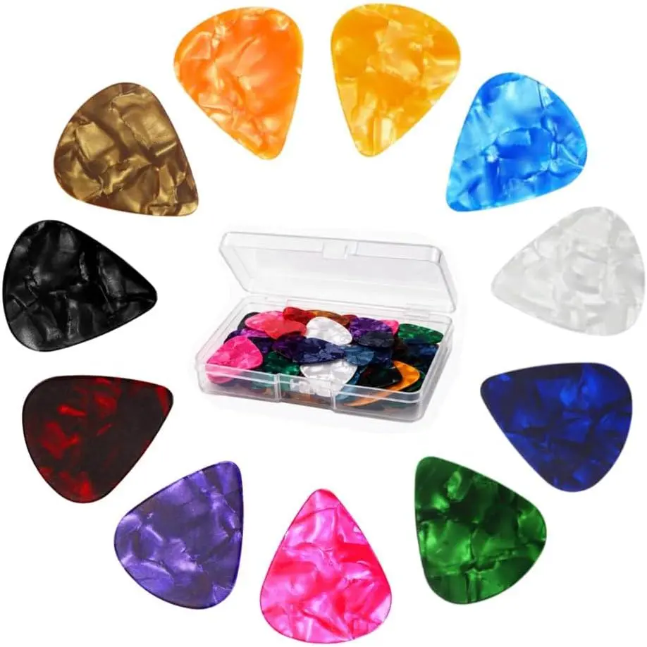 33 count Celluloid Guitar Picks with Organizer Box,Multiple Colorful Guitar Pick Plectrums for  Acoustic Guitar, for Bass, Electric, Acoustic, Metal Guitar, Ukulele(0.71mm)